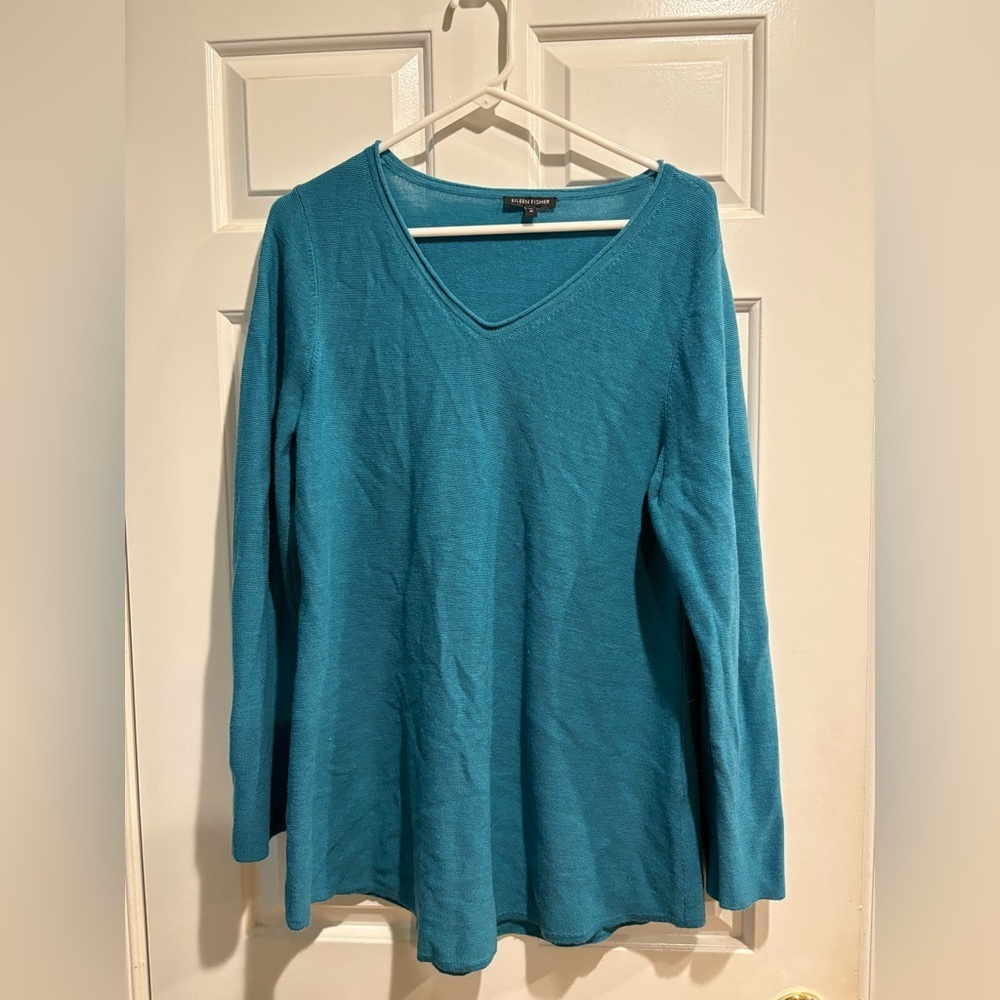 Eileen Fisher merino wool lightweight sweater v-neck peacock green blue XL